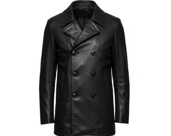 Mens Sheepskin Leather Peacoat | Handmade Double Breasted Winter Coat