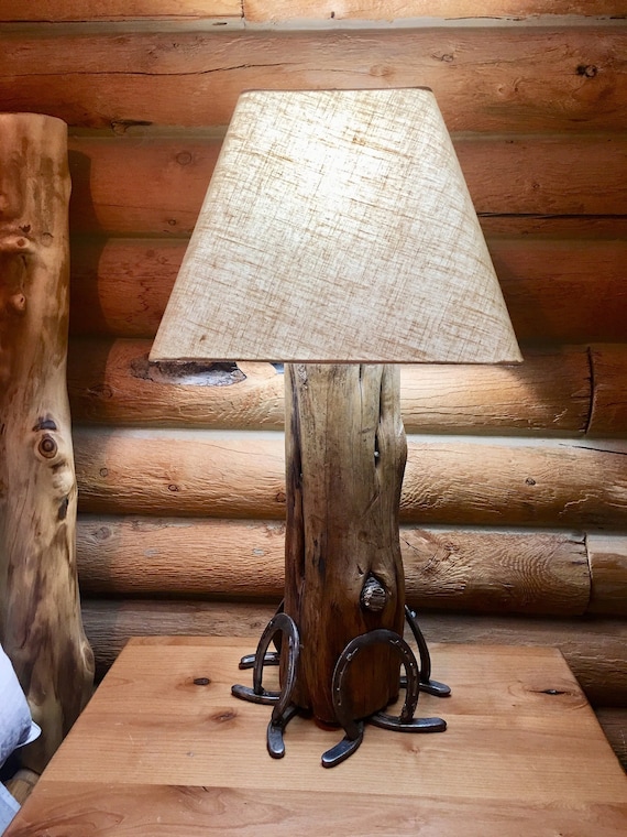 Rustic Cedar Post Table Lamp Horseshoe Base Log Lamp Western Etsy