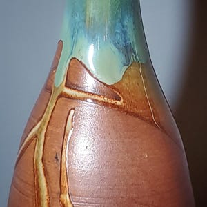 Chocolate turquoise blue Large Ceramic oil bottle, Rustic farm house decor , olive oil bottle, Oil dispenser cruet, Pederson Pottery image 5