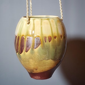 Handmade Medium Size Copper Green Hanging Planter | Pottery Plant Pot with Drainage