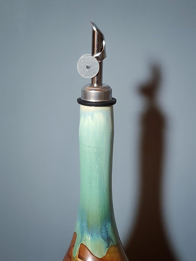 Chocolate turquoise blue Large Ceramic oil bottle, Rustic farm house decor , olive oil bottle, Oil dispenser cruet, Pederson Pottery image 4