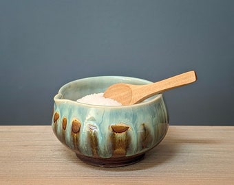 Pottery Salt Cellar With Spoon and Pour Spout / Spoon Rest in Chocolate Blue Glaze. Handmade Salt Pig.