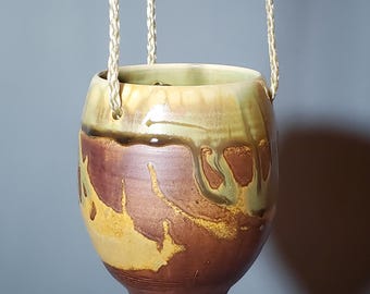 Handmade Copper Green Hanging Planter | Pottery Plant Pot with Drainage