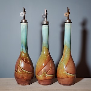 Chocolate turquoise blue Large Ceramic oil bottle, Rustic farm house decor , olive oil bottle, Oil dispenser cruet, Pederson Pottery
