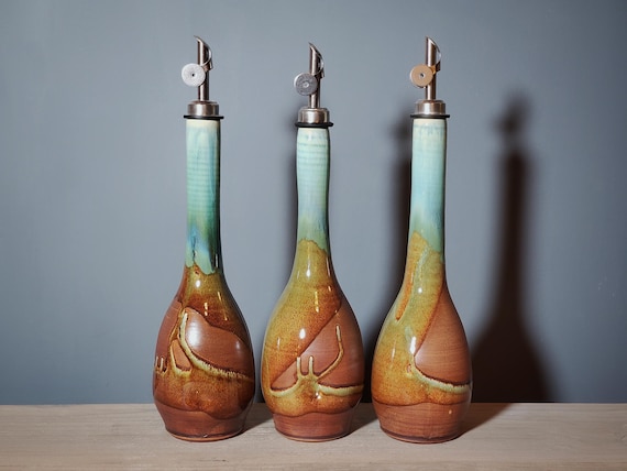 Chocolate turquoise blue Large Ceramic oil bottle, Rustic farm house decor , olive oil bottle, Oil dispenser cruet, Pederson Pottery