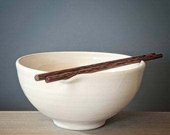 Pottery noodle bowl or Ramen bowl, Rice bowl with wooden bamboo chopstick rest in Minimalist White Porcelain glaze. Built in chopstick rest.