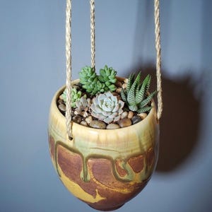 May include: A hanging ceramic planter with a unique glaze in shades of yellow, brown, and green. The planter is filled with a variety of succulents and small pebbles. The planter is suspended by three woven rope cords.
