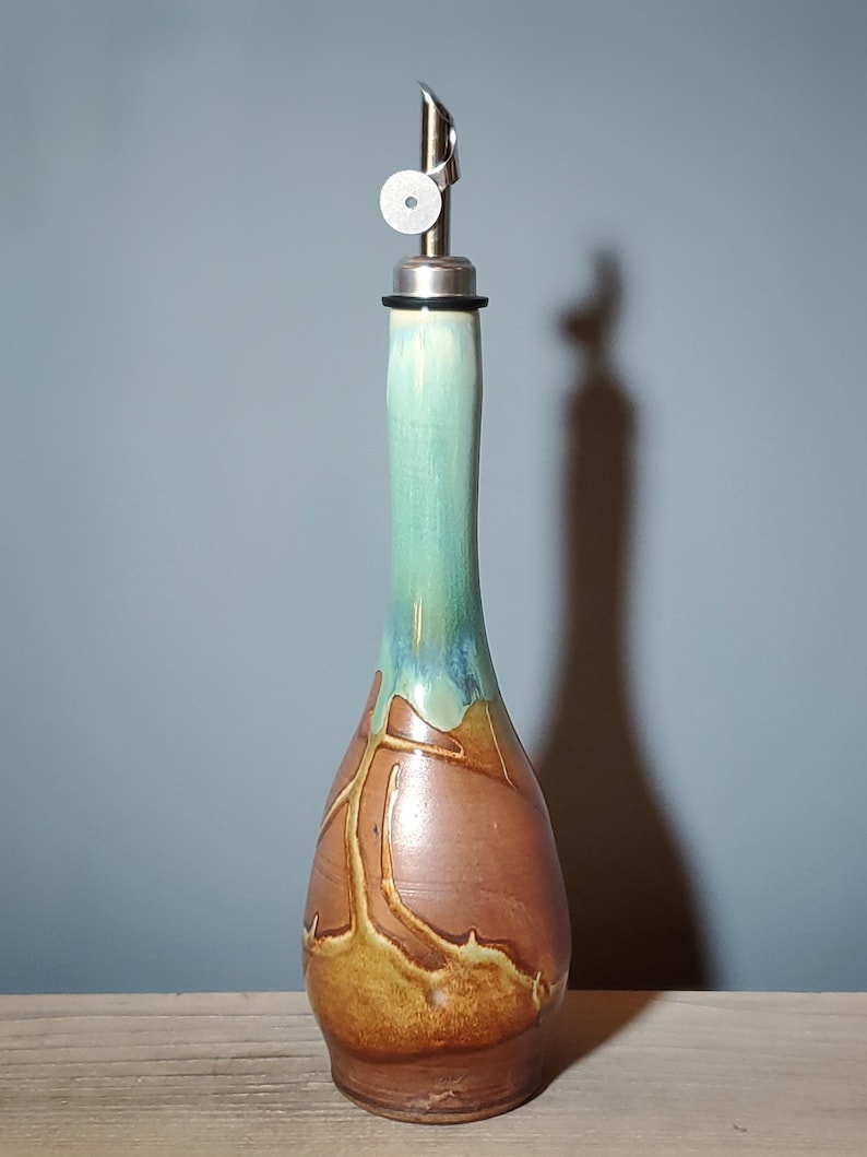Chocolate turquoise blue Large Ceramic oil bottle, Rustic farm house decor , olive oil bottle, Oil dispenser cruet, Pederson Pottery image 3