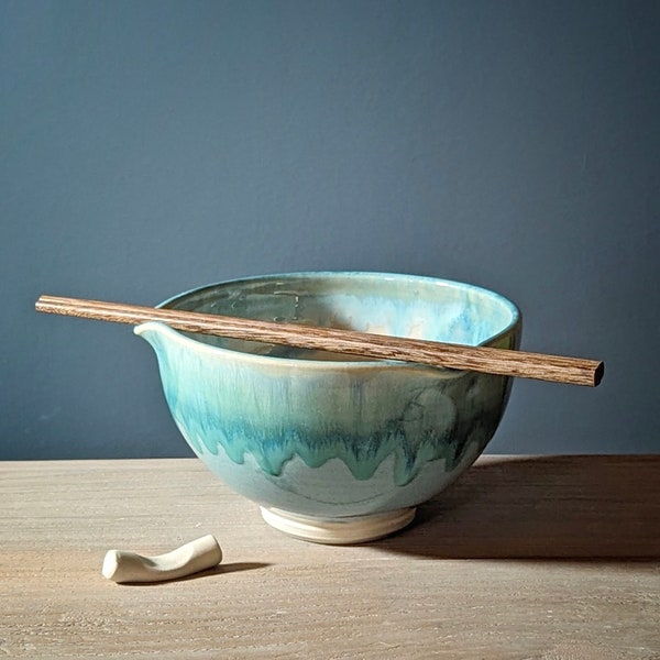 Pottery noodle bowl or Ramen bowl, Rice bowl with wooden bamboo chopsticks in a Light Blue and Turquoise glaze. Built in chopstick rest.