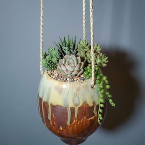 May include: A hanging ceramic planter with a brown and cream glaze, filled with a variety of succulents and small pebbles. The planter is suspended by three cream-colored ropes, showcasing a unique and decorative design.
