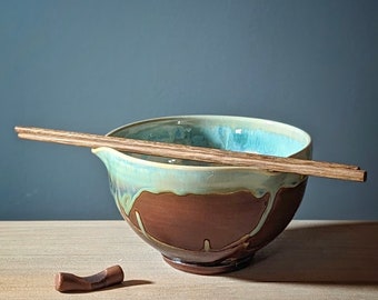 Pottery noodle bowl or Ramen bowl, Rice bowl with wooden bamboo chopsticks in Chocolate Blue glaze. Wheel thrown. Built in chopstick rest.