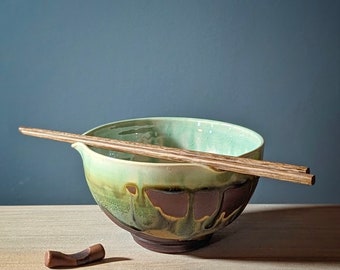 Pottery noodle bowl or Ramen bowl, Rice bowl with wooden bamboo chopsticks in Copper Green glaze. Wheel thrown. Built in chopstick rest.