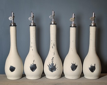 Black and White large modern ceramic olive oil bottle, Oil dispenser cruet