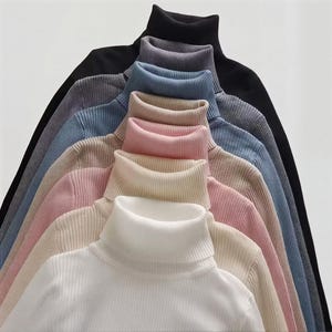 May include: A collection of ribbed turtleneck sweaters in various colors, including black, gray, blue, pink, and cream. The sweaters are neatly arranged, showcasing the different shades and textures of the knitwear. The focus is on the variety of colors and the classic turtleneck design.