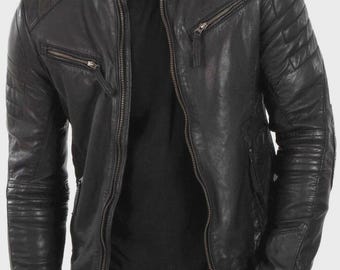Handmade Black Leather Biker Jacket – Slim Fit Moto Cafe Racer