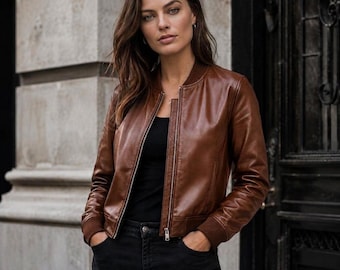 Women Cognac Brown Leather Jacket | Classic Moto Coat