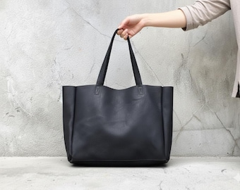 Extra Large Black Leather Tote Bag: Handmade Work & Travel Computer Bag