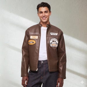 Può includere: Giacca in pelle marrone con diverse toppe, tra cui "1963" e "McLaren Racing". La giacca ha un colletto alla coreana e una cerniera. Il modello indossa una maglietta bianca e jeans scuri.