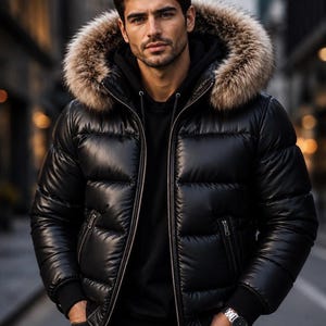 Op de afbeelding: Een zwart gewatteerd jack met een glanzende afwerking, voorzien van een capuchon met dikke bruine imitatiebontrand. Het jack heeft een ritssluiting aan de voorzijde, twee zijzakken met rits en zwarte geribbelde boorden over een hoodie.