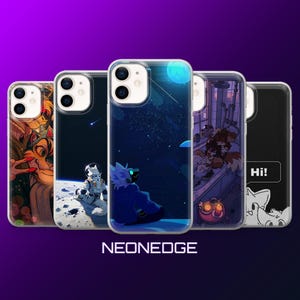 May include: Collection of five phone cases with unique designs. The cases feature illustrations of a cat, an astronaut on the moon, a futuristic character, a group of characters in a building, and a black case with the word "Hi!". The brand name "NEONEDGE" is at the bottom.