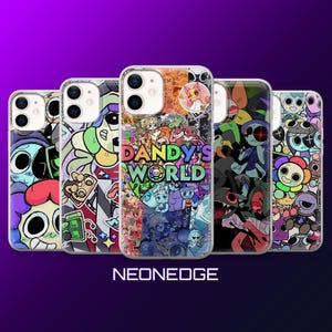 Pode incluir: Cinco capas transparentes para smartphone com designs de colagem coloridos com vários personagens de desenhos animados e o texto DANDY'S WORLD na capa central. As capas estão alinhadas sobre um fundo roxo sólido.