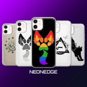 May include: A collection of phone cases with various designs. One case features a rainbow paw print with a matching tail on a black background. Other cases display paw prints, a wolf silhouette, and a geometric design. The brand name "NEONEDGE" is at the bottom.