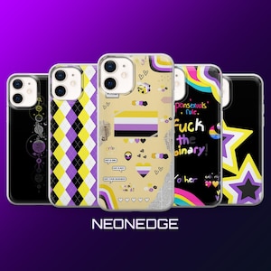 May include: A collection of phone cases with various designs. One case features a non-binary flag, another has a rainbow design with the text "Fuck the binary!", and others have geometric patterns and text. The cases are in a row against a purple background.