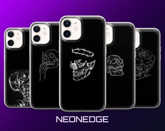 Skull Line Art Phone Case Gothic Grunge Cover for iPhone 17Pro, 16, 15, 14, 13, 12, Samsung S26, S25, S24, S23, A17, A57, A37 Pixel 10, 9