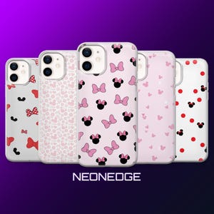 May include: Five phone cases with various pink and white patterns, including bows, polka dots, and mouse silhouettes. The cases are arranged in a row against a purple background. The text "NEONEDGE" is at the bottom.