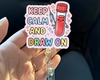 Portatarjetas de flebotomía divertido "Mantén la calma y sigue dibujando", lindo regalo para enfermeras con tubo de sangre, portatarjetas de identificación para técnicos de laboratorio, humor médico.