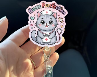 Portatarjetas de identificación Nurse Purrfection, lindo regalo para enfermeras con temática de gatos, divertido juego de palabras con animales para enfermeras registradas y auxiliares de enfermería, portatarjetas de identificación médica Kawaii Kitty, regalo para trabajadores de la salud