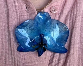 Blue orchid necklace Handmade Christmas gift for her Resin floral pendant Real flower jewelry
