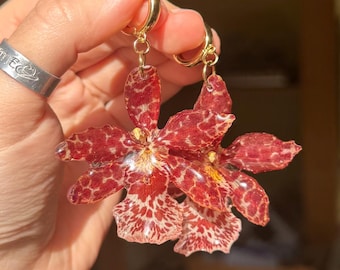Boucles d'oreilles orchidées rouges véritables Bijoux faits main avec de vraies fleurs