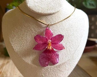 Collier orchidée rose Bijoux véritable fleur Cadeau botanique pour elle Bijoux Cottagecore