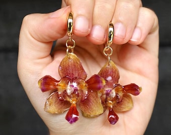 Pendientes vibrantes de resina con forma de orquídea, joyería floral colorida ideal para regalar, colgantes florales de jardín con flores naturales.