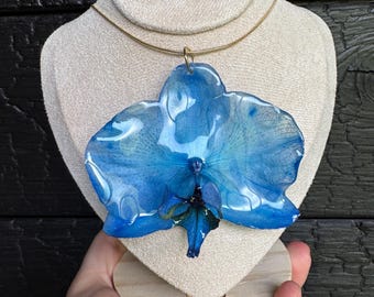 Blue orchid necklace Real flower jewelry Handmade resin pendant Unique Christmas gift for her