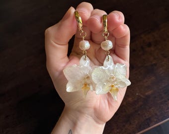 Real Preserved White Orchid Dangle Earrings, Handmade Floral Wedding Jewelry