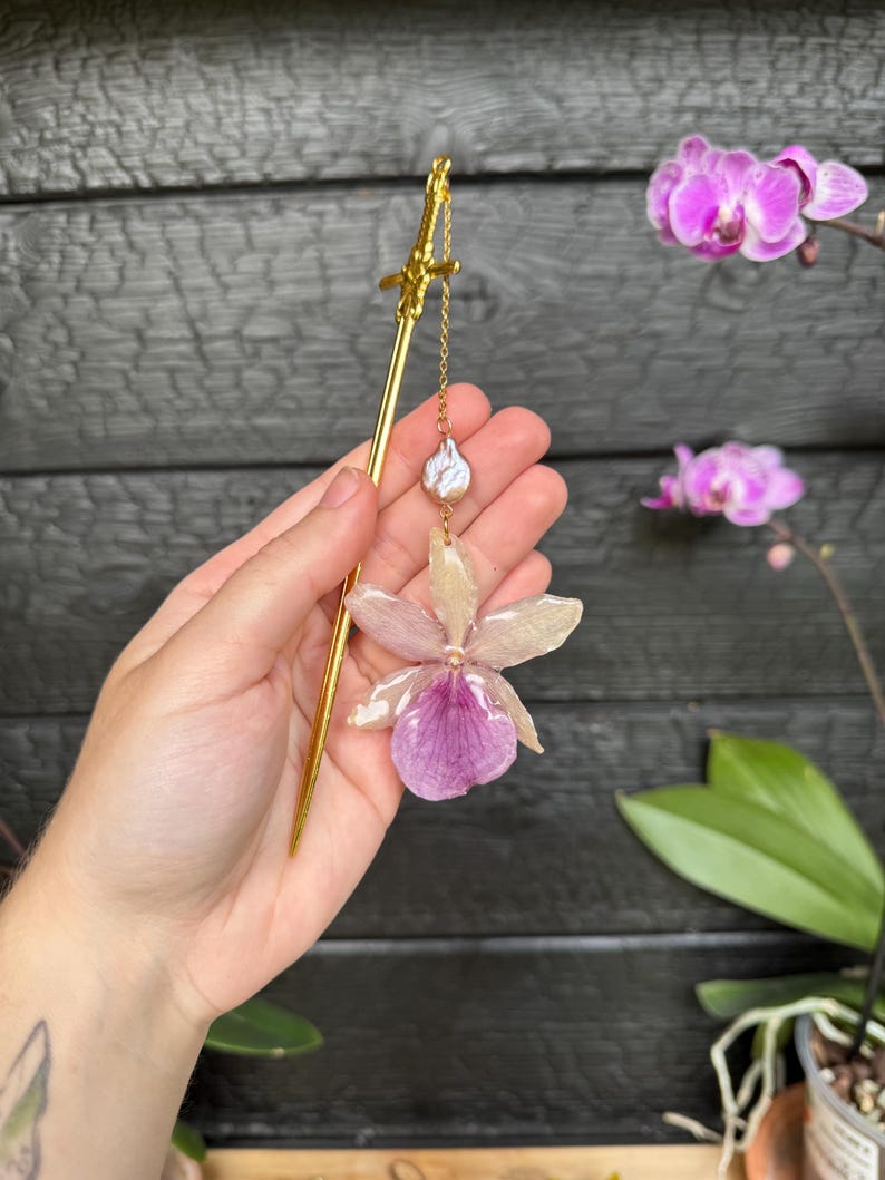 Real Orchid Hairstick – Handmade Botanical Hair Accessory Fantasy gift for her