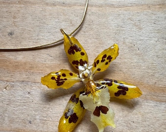 Collier orchidée véritable Bijoux en résine faits main Pendentif botanique d'été