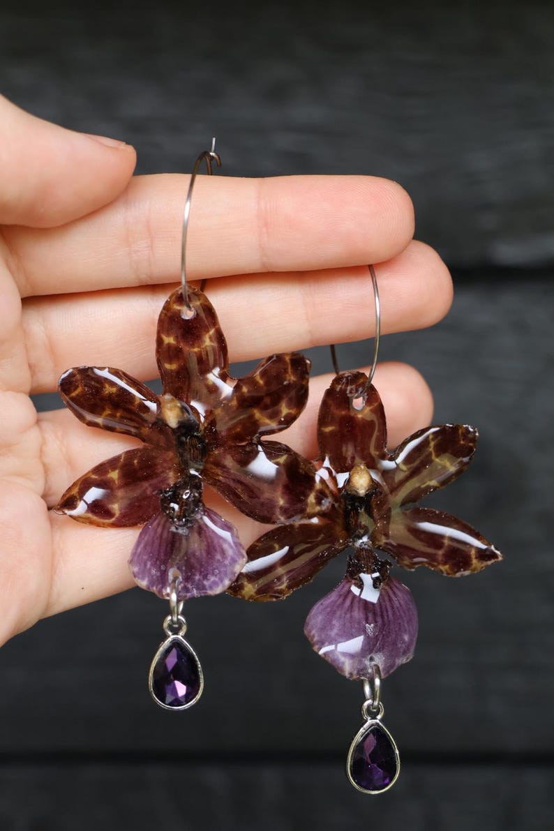 Black Orchid Resin Earrings, Botanical Nature Inspired Floral Jewelry Floral gift for her
