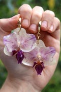 Purple orchid earrings Handmade resin dangles Real flower jewelry Christmas botanical gift for her product logo