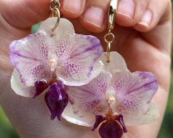 Purple orchid earrings Handmade resin dangles Real flower jewelry Christmas botanical gift for her
