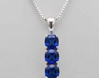 Blue Sapphire Pendant Necklace | 925 Sterling Silver, Three Stone