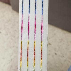 Può includere: Quattro file verticali di piccole pietre preziose rotonde e sfaccettate disposte in un gradiente di colori arcobaleno. Le pietre sfumano dal blu in alto al rosa, rosso, arancione, giallo e verde in basso, montate su una striscia di carta bianca.