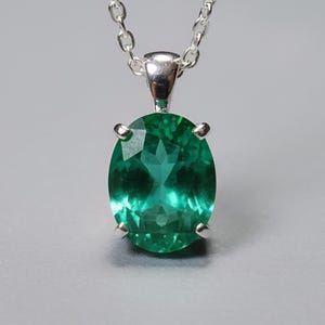925 Sterling Silver Emerald Prong Pendant and Necklace Oval Cut Gemstone