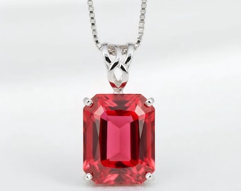 Red Ruby Pendant 925 Sterling Silver,Necklace, Emerald Cut  Statement Jewelry Gift