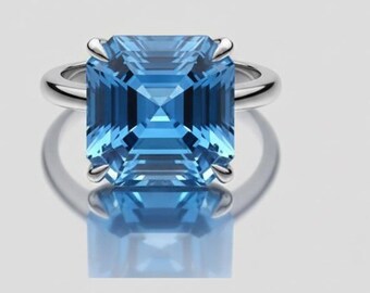 Emerald Cut Blue Aquamarine Ring, 925 Sterling Silver Promise Ring