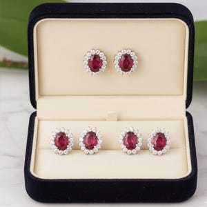 Oval Ruby Diamond Halo Stud Earrings, 925 Silver July Birthstone Jewelry, Anniversary Gift for Her, Classic Red Gemstone Studs