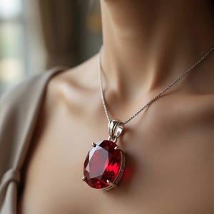 May include: A silver necklace featuring a large, oval-cut, deep red gemstone pendant. The pendant is set in a silver frame and hangs from a delicate silver chain. The gemstone has a faceted surface that catches the light, creating a sparkling effect.