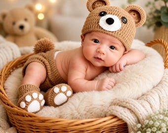 Completo per neonato all'uncinetto fatto a mano - Completo per il rientro a casa - Regalo per baby shower - Vestiti per neonati lavorati a maglia - Set di accessori fotografici per neonati con orsetto all'uncinetto - Regalo per neonati